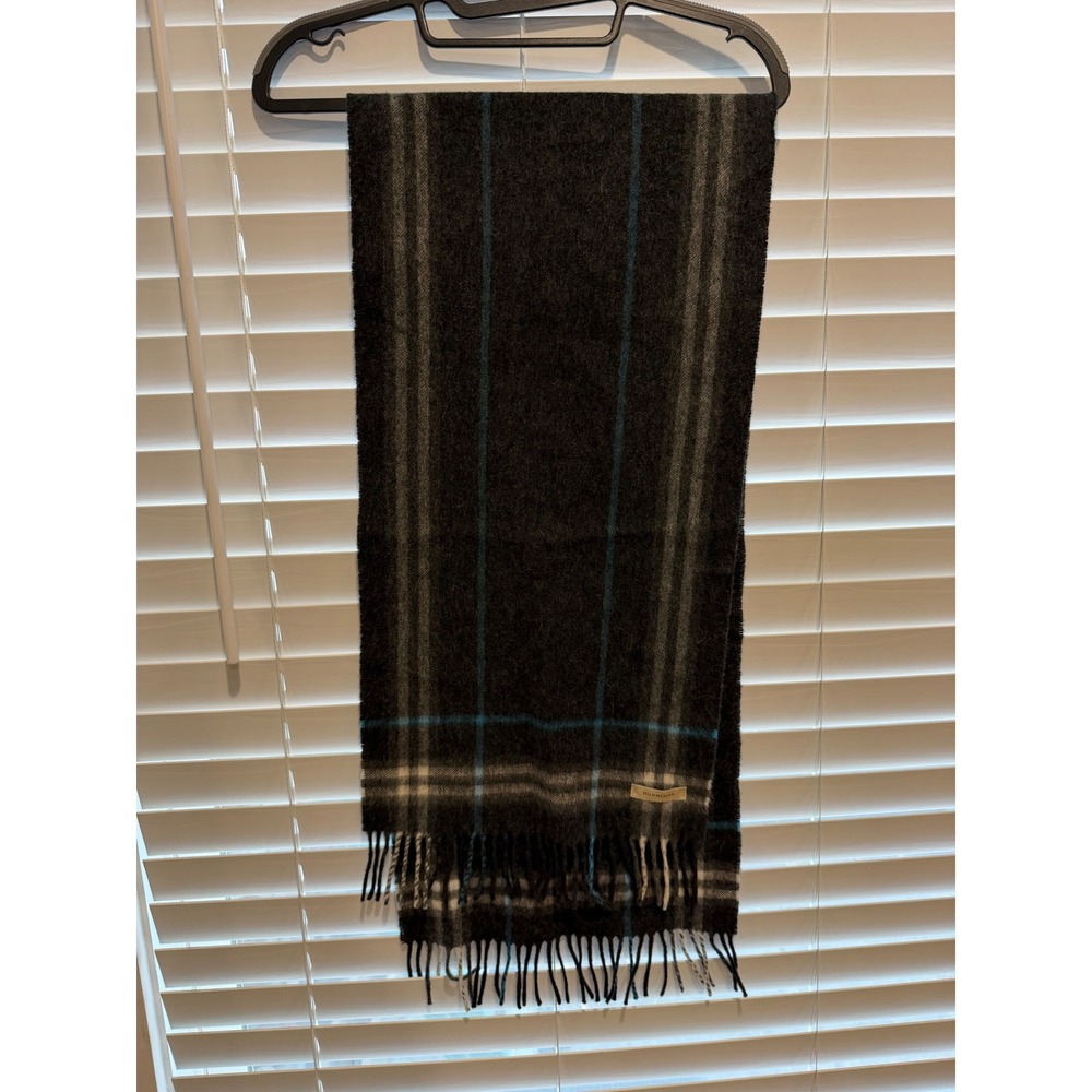 Burberry Scarf Charcoal Grey Blue Plaid Wool Blend Fringed‎ Check Made in UK